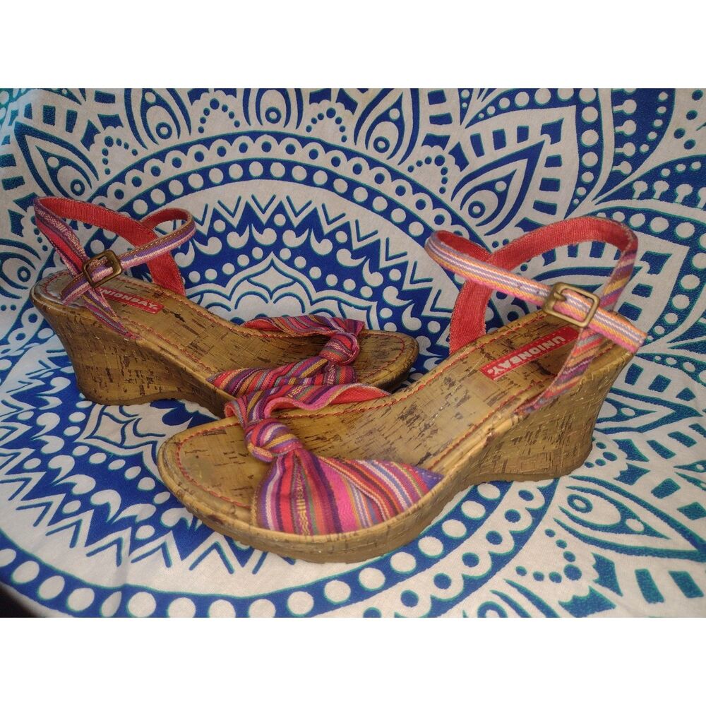 Unionbay Pink Striped Fabric Cork Wedge Sandals Women's Size 6.5